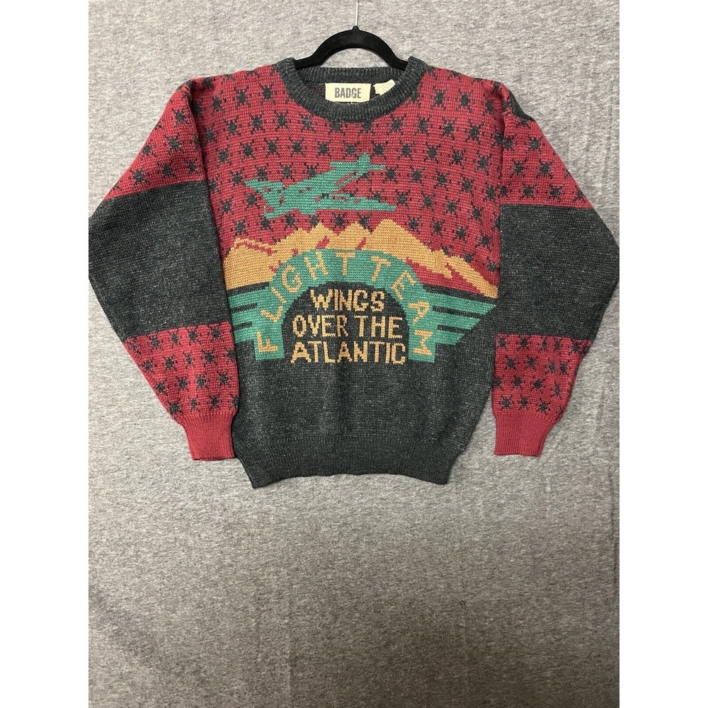 Badge Aviator Sweater Mens Medium Aviator Gray Red Dead Stock Plane Tapered